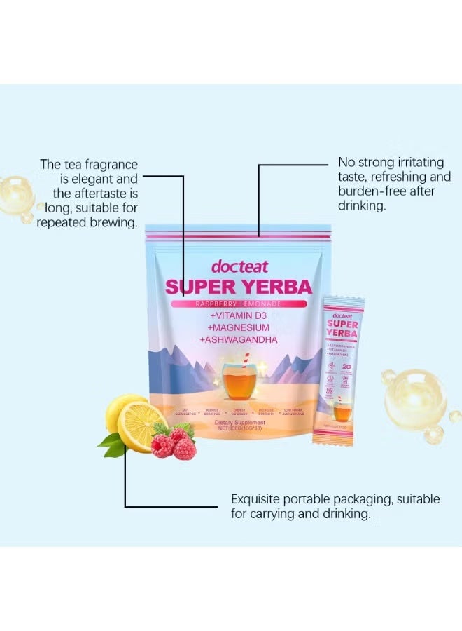 دوكتيت Docteat Super Mate Tea Raspberry Lemon Flavor - 30 كيس مشروب طاقة منخفض السكر يخفف من التعب وينشط ويمنع النعاس - مكمل غذائي غذائي - Image 5